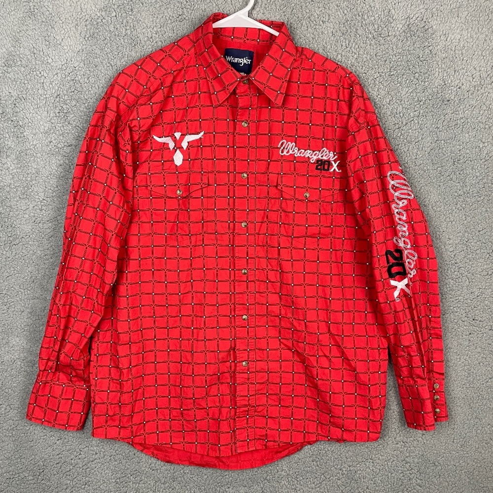 WRANGLER 20X Competition Snap Button Top Mens L Red Check Embroidered Cowboy